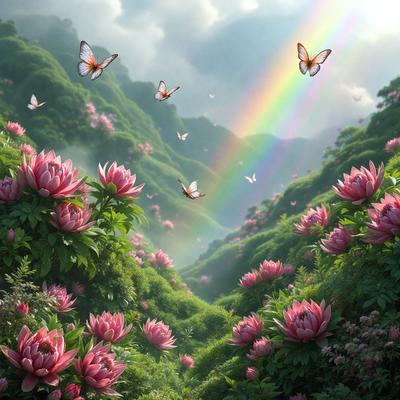 Primary subject: A beautiful, colorful garden with a rainbow and butterflies flying around.

Setting/background: The garden is filled with flowers, including pink and purple ones, and is surrounded by a lush green hillside.

Visual style: The image is a digital art illustration, featuring a vibrant and whimsical scene.

Colors and mood: The garden is predominantly pink and purple, creating a serene and peaceful atmosphere. The presence of the rainbow and butterflies adds a touch of magic and joy to the scene.